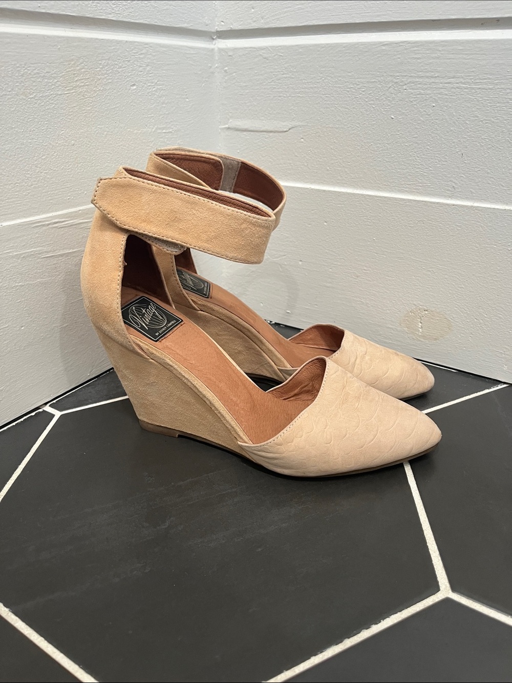 Women's Vintage by Jeffery Campbell “Tatum” Ankle-Strap Wedge Heels in Nude